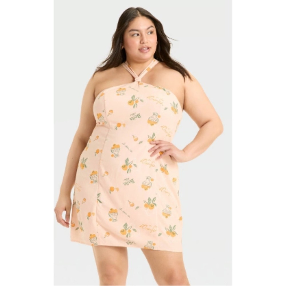 Wild Fable Women Pink Knotted Y-Neck Linen Mini A-Line Dress Orange Print L